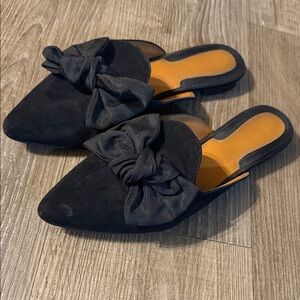Black Bow Pointed-Toe Slip-On Mules